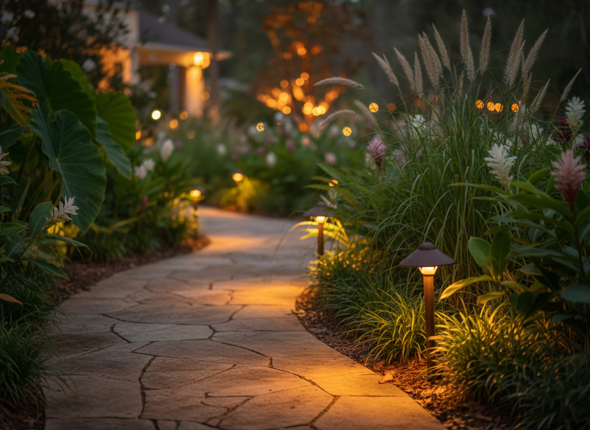 Elegant pathway lighting in a Florida garden at dusk